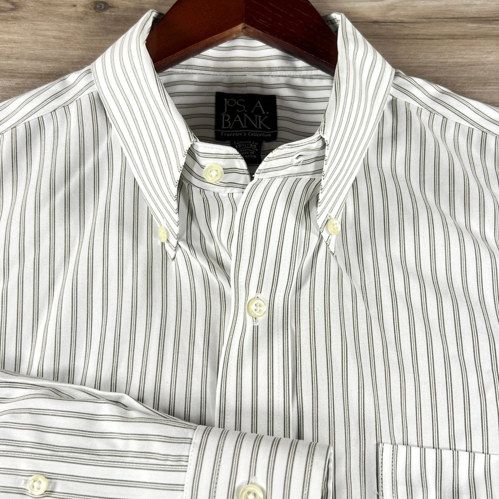 Jos A Bank Travelers Collection Shirt Mens 17.5 35 Tailored Fit Striped Cotton